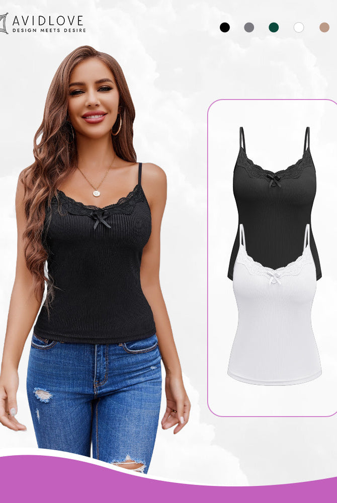 Avidlove 2-Pack Cami Tops: Black and white, adjustable straps, lace detail; elegant and stylish.