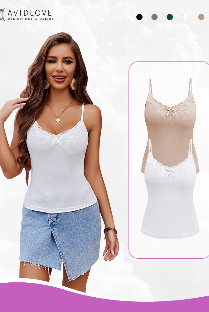 Avidlove 2-Pack Cami Top: White lace camisole on model, adjustable straps, beige option