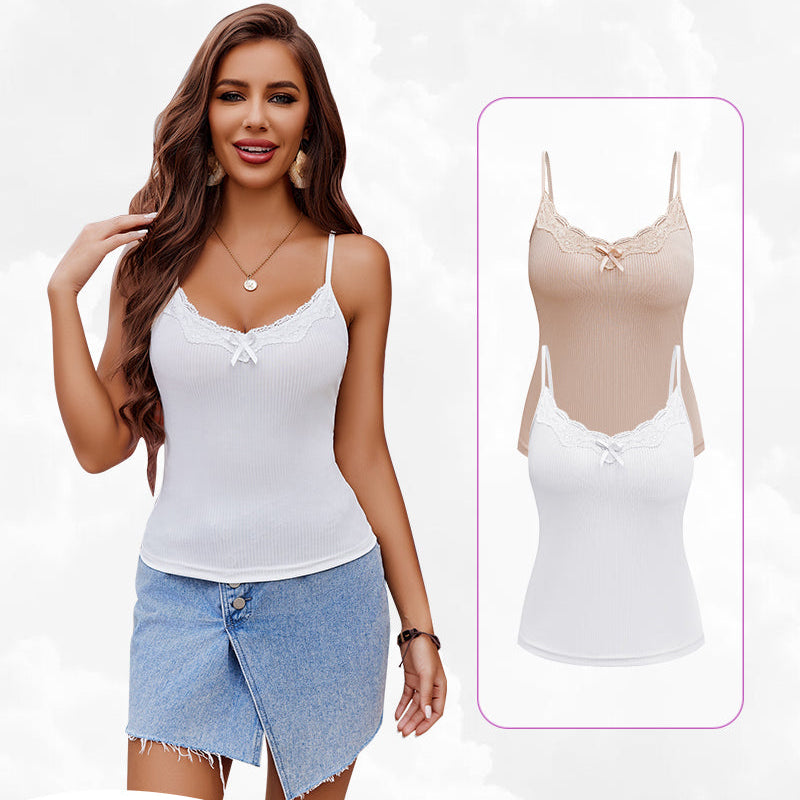 Avidlove 2-Pack Cami Top: White lace camisole on model, adjustable straps, beige option