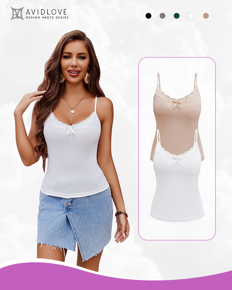 Avidlove 2-Pack Cami Top: White lace camisole on model, adjustable straps, beige option