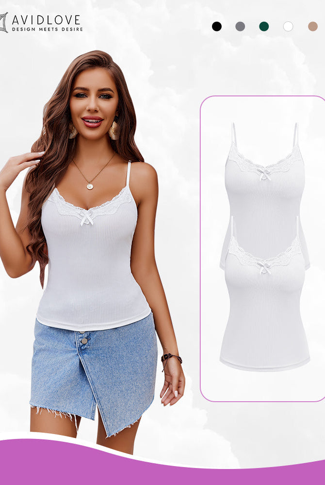 Avidlove White Cami Top with Lace Detail, Adjustable Straps. Elegant and Stylish Design.