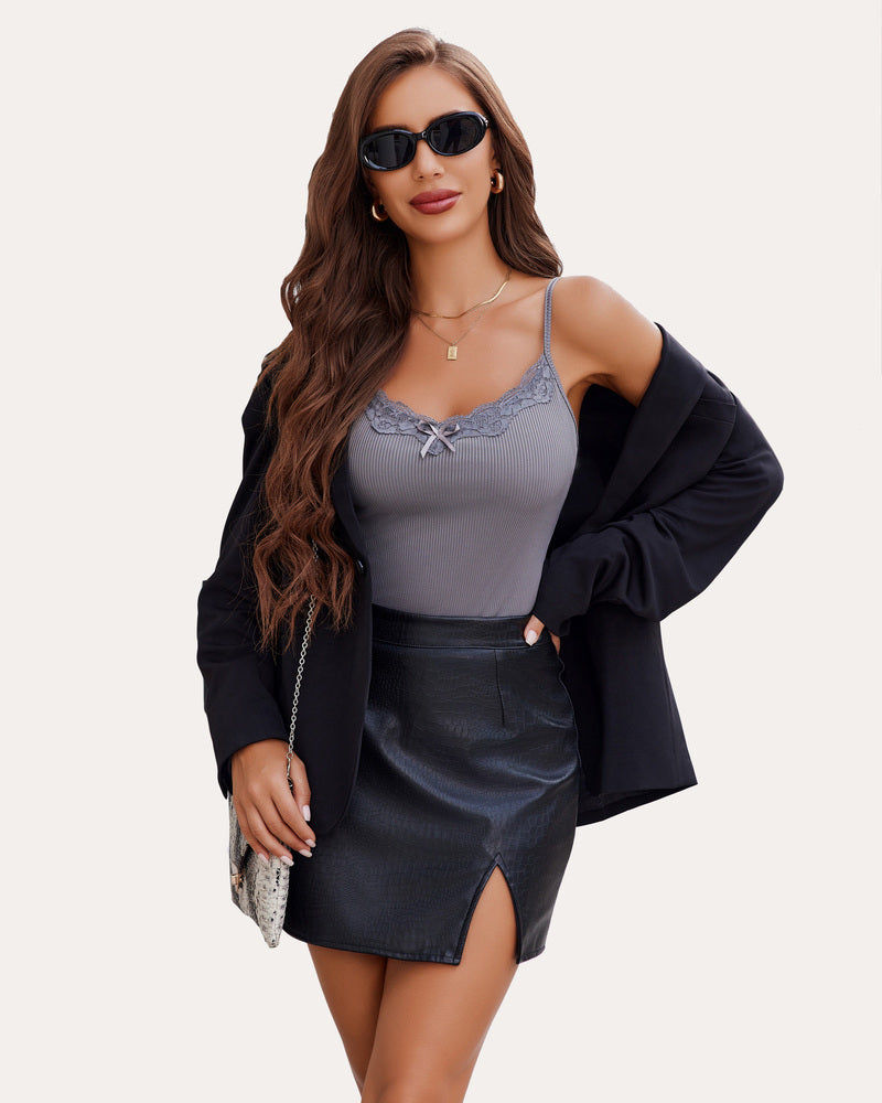 Avidlove gray cami top with lace and bow detail, model wearing black blazer and skirt; elegant look.