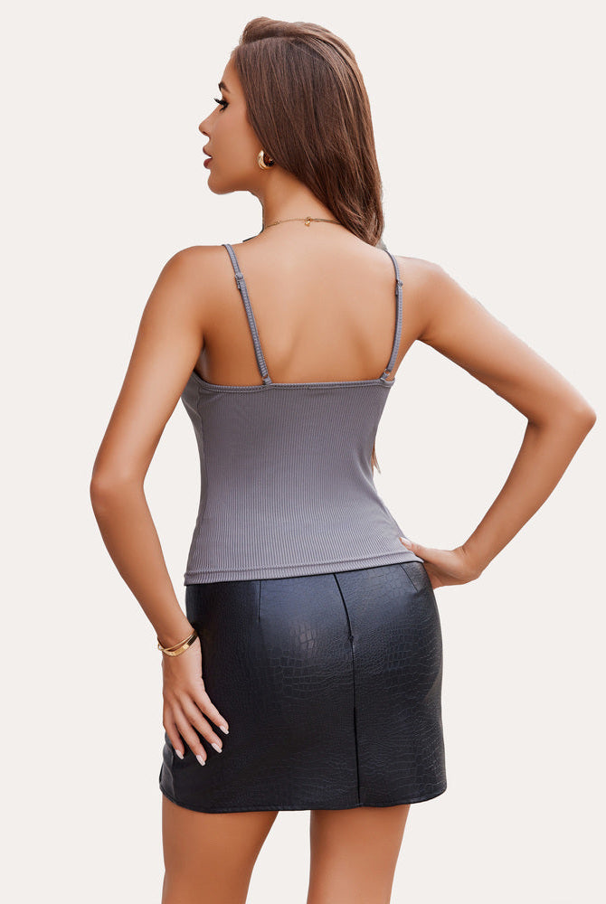 Grey Avidlove cami top with adjustable straps, black leather skirt; stylish lingerie.
