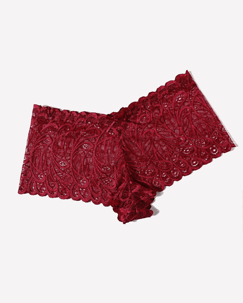 Burgundy floral lace mid-rise Avidlove panties. Soft and stretchy fabric with delicate lace trim.