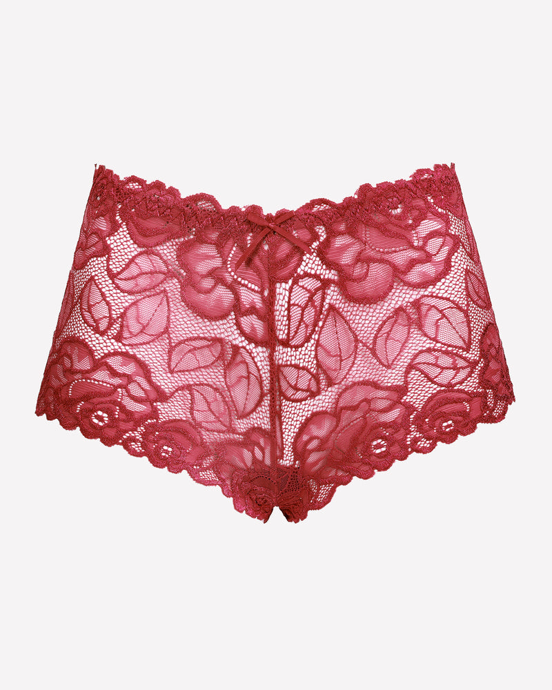 Burgundy floral lace Avidlove mid-rise panties. Soft and stretchy fabric with delicate lace trim.