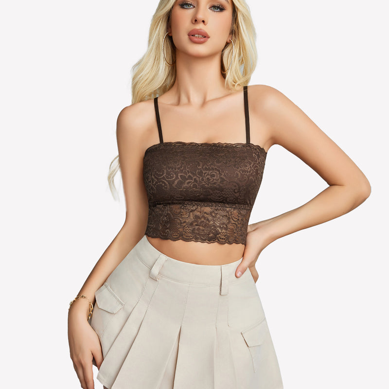 Brown lace bralette with adjustable straps and beige pleated skirt, a sexy Avidlove lingerie look.