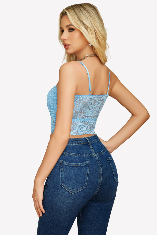 Blue lace bralette, adjustable straps, paired with jeans. Sexy lingerie.