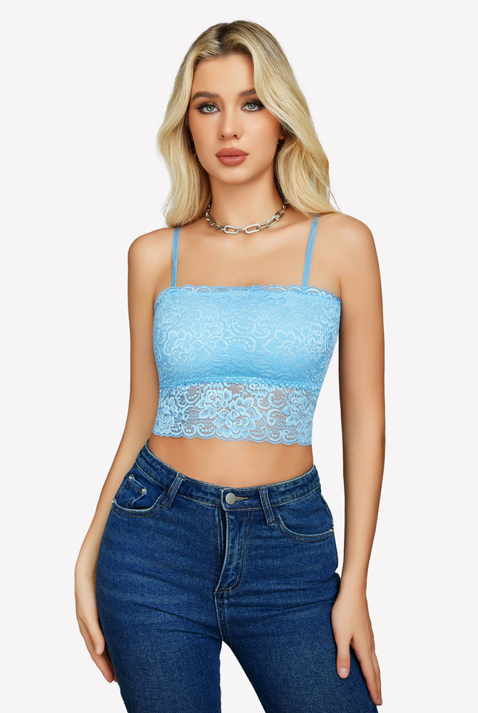 Blue lace bralette with adjustable straps and denim jeans. Sexy and fashionable lingerie.
