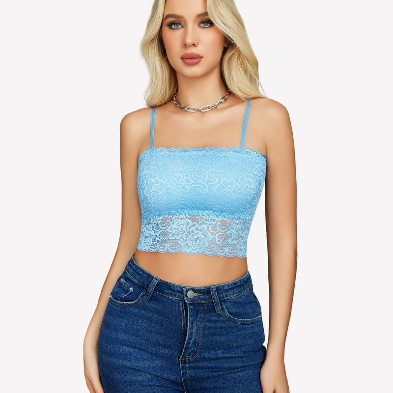 Blue lace bralette with adjustable straps and denim jeans. Sexy and fashionable lingerie.