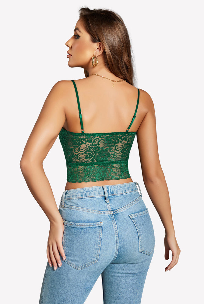 Green lace bralette with adjustable straps and jeans. Sexy Avidlove lingerie.