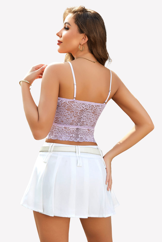 Lavender lace bralette and white pleated skirt. Sexy Avidlove lingerie with adjustable straps.