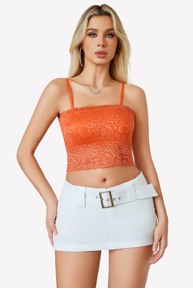 Orange lace bralette with adjustable straps and white mini skirt. Sexy lingerie from Avidlove.