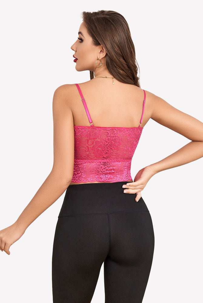 Pink lace bralette with adjustable straps and black leggings. Sexy Avidlove lingerie.