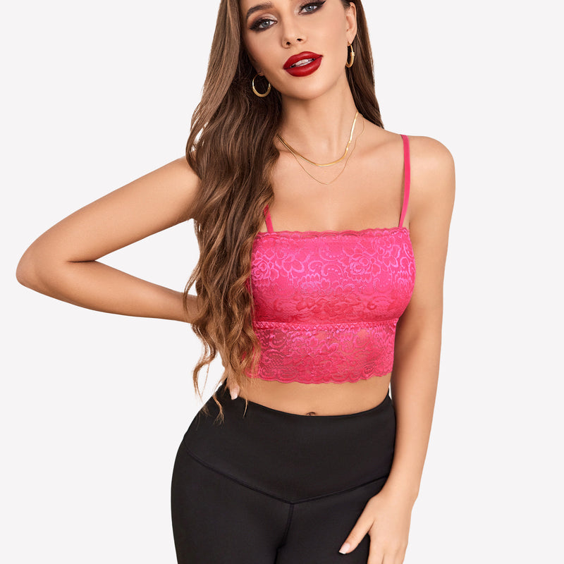 Hot pink lace bralette with adjustable straps and black leggings. Sexy Avidlove lingerie.