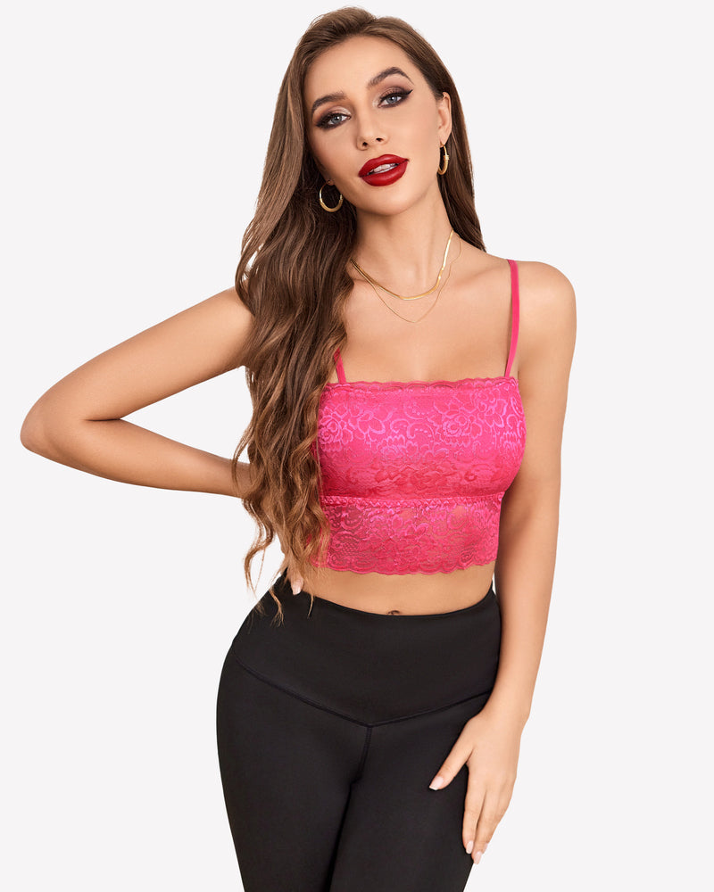 Hot pink lace bralette with adjustable straps and black leggings. Sexy Avidlove lingerie.