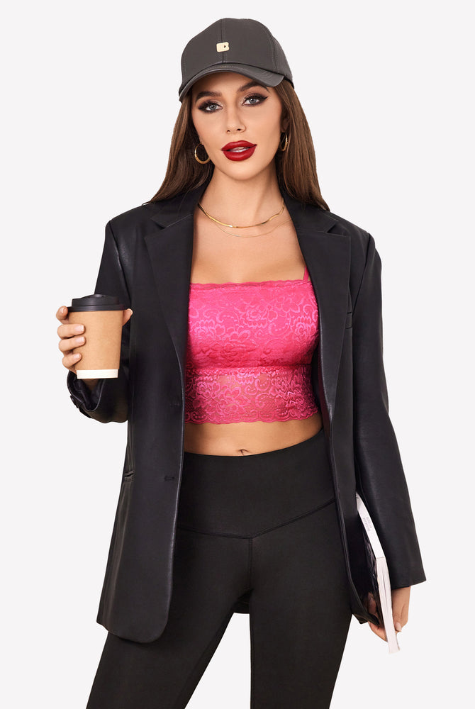 Pink lace bralette, black leggings, and leather jacket. Sexy Avidlove lingerie outfit.