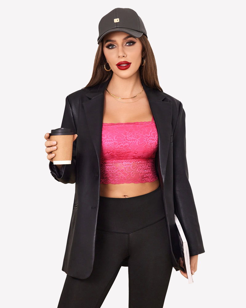 Pink lace bralette, black leggings, and leather jacket. Sexy Avidlove lingerie outfit.