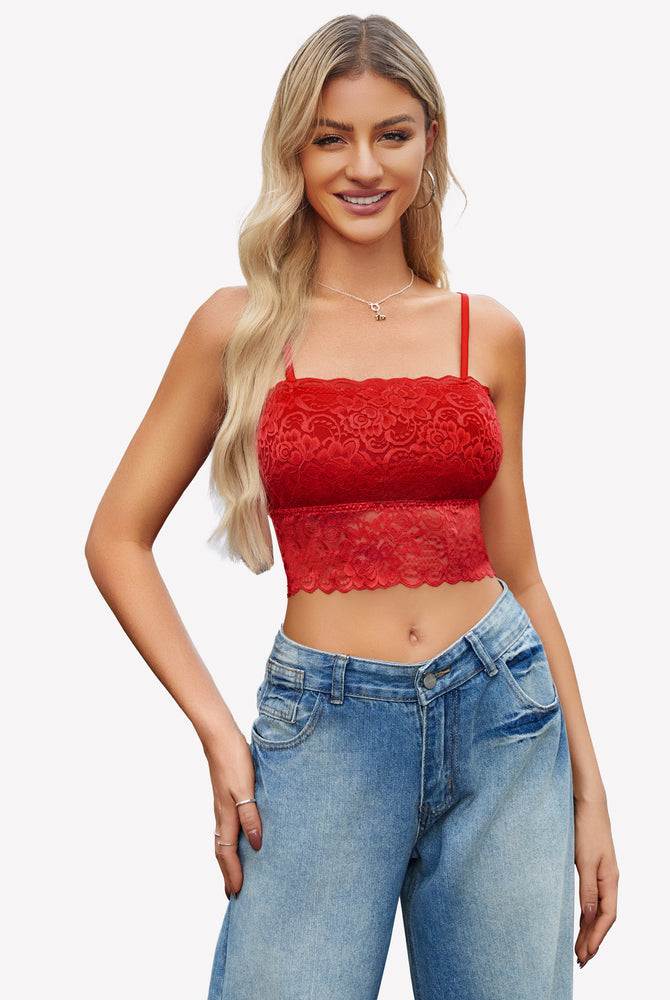 Red lace bralette with adjustable straps, paired with blue jeans. Sexy and fashionable lingerie