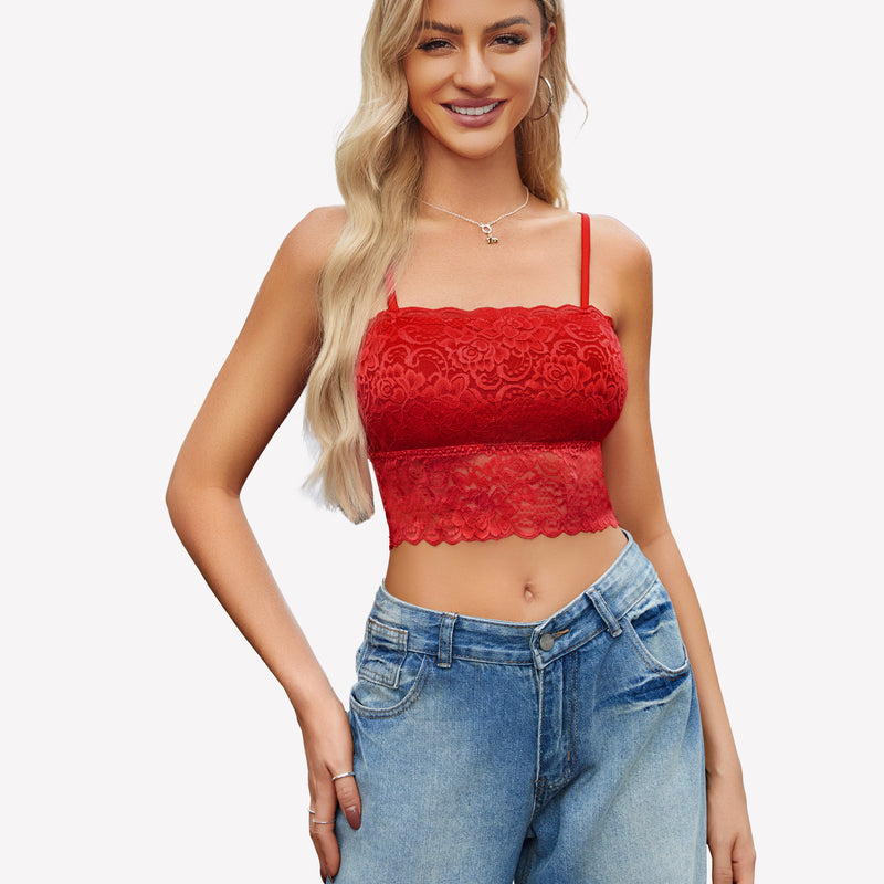 Red lace bralette with adjustable straps, paired with blue jeans. Sexy and fashionable lingerie