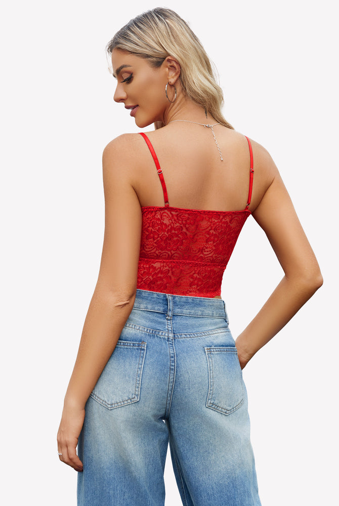 Red lace bralette with adjustable straps and blue denim jeans. Sexy Avidlove lingerie.