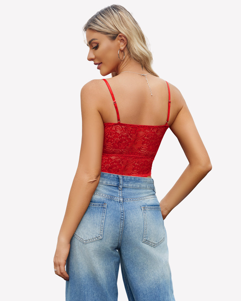 Red lace bralette with adjustable straps and blue denim jeans. Sexy Avidlove lingerie.