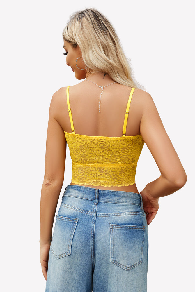 Yellow lace bralette with adjustable straps, paired with blue jeans. Sexy Avidlove lingerie.