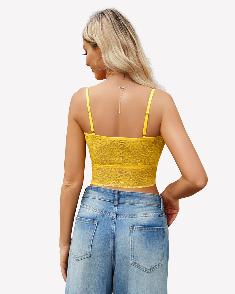 Yellow lace bralette with adjustable straps, paired with blue jeans. Sexy Avidlove lingerie.