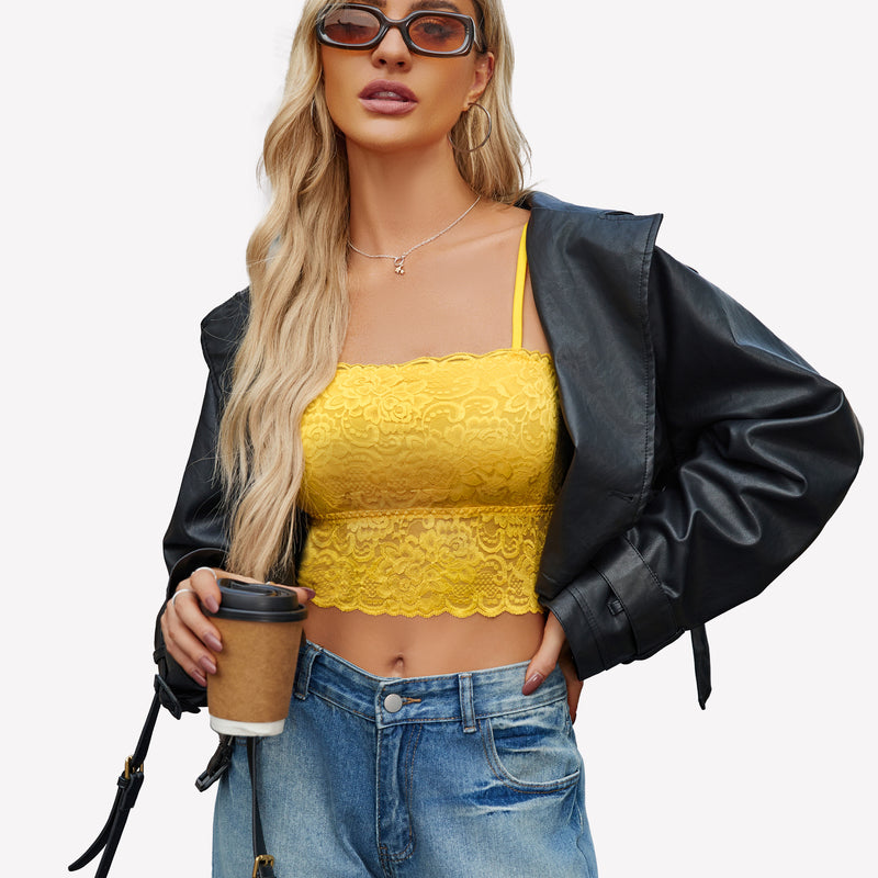 Yellow lace bralette with blue jeans, leather jacket and sunglasses. Sexy lingerie style.