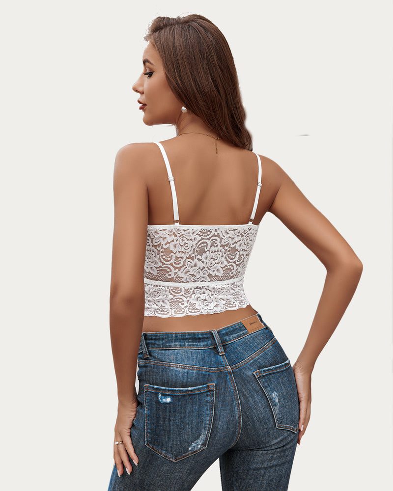 White lace tank top bralette with adjustable straps and blue jeans, a sexy and fashionable look.