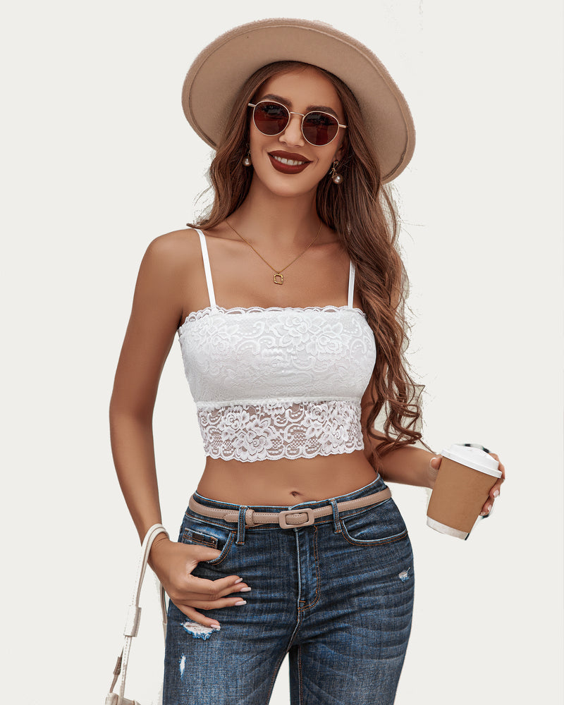 White lace tank top bralette with adjustable straps, styled with jeans and accessories