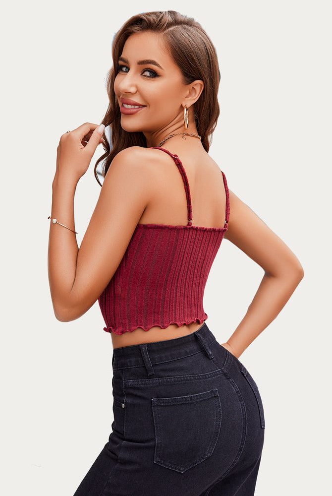 Wine red V-neck crop knit ribbed tank top, open back with thin straps