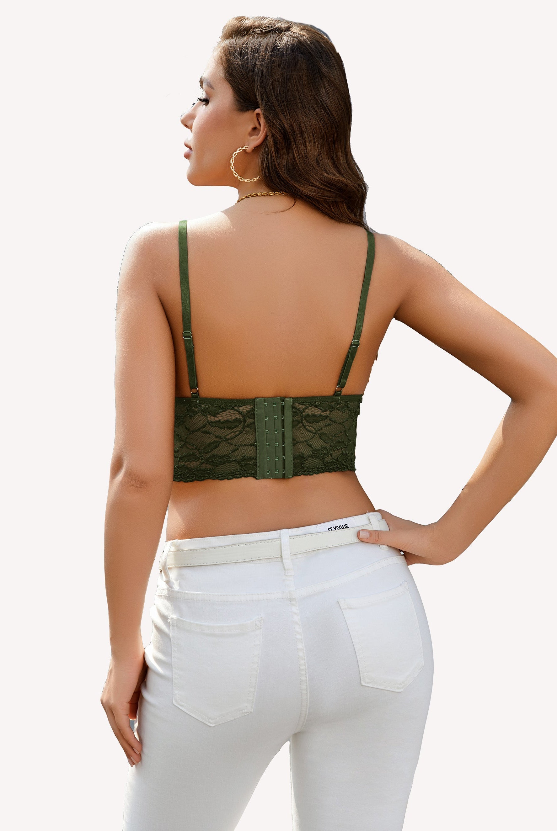 Green lace crop top with adjustable straps and white denim, stylish lingerie outfit for women