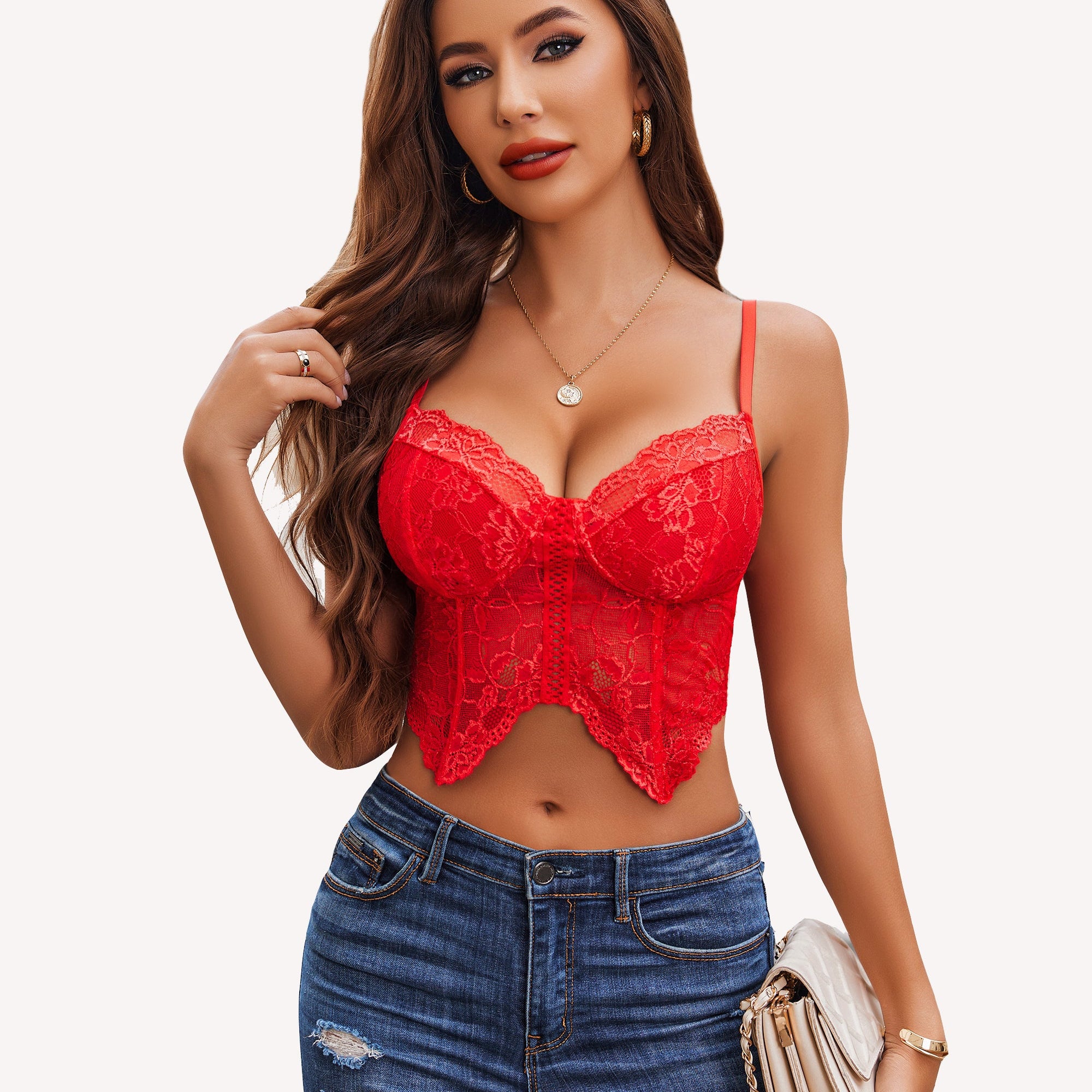 Red lace crop top with adjustable straps and denim jeans. Stylish lingerie outfit from Avidlove.
