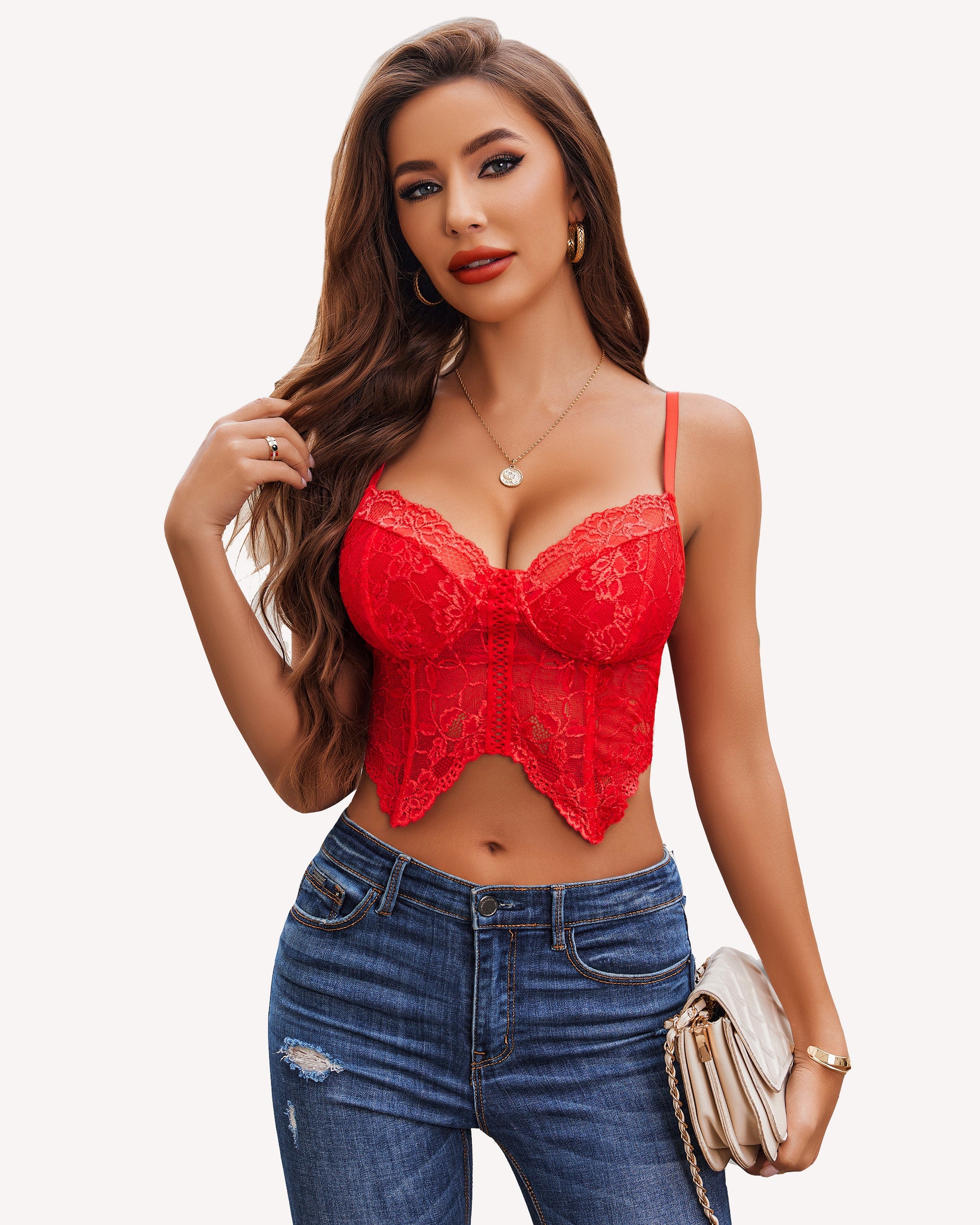 Red lace crop top with adjustable straps and denim jeans. Stylish lingerie outfit from Avidlove.