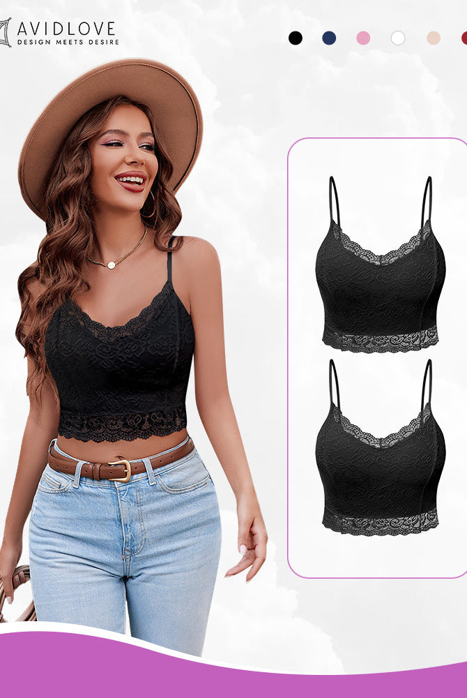 Black lace V-neck bralette top, spaghetti straps. Avidlove sexy lingerie, floral trim design.