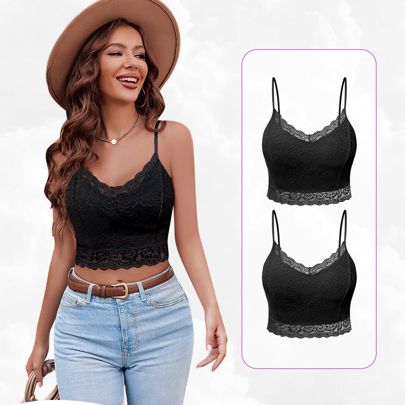 Black lace V-neck bralette top, spaghetti straps. Avidlove sexy lingerie, floral trim design.