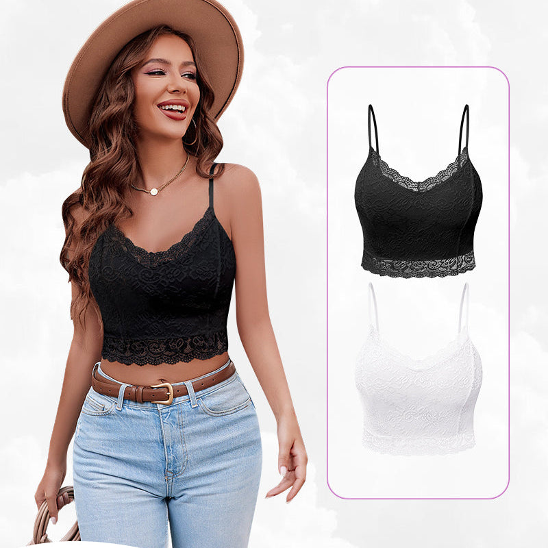 Avidlove black lace bralette top with V-neck. Sexy lingerie, floral trim, and spaghetti straps.