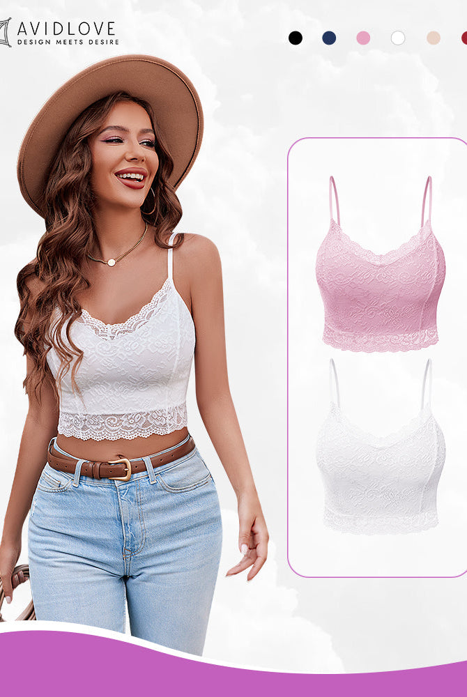 Avidlove lace tank top, white bralette with lace trim. Includes pink version, sexy lingerie.