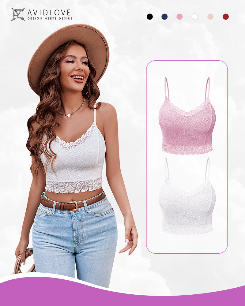 Avidlove lace tank top, white bralette with lace trim. Includes pink version, sexy lingerie.