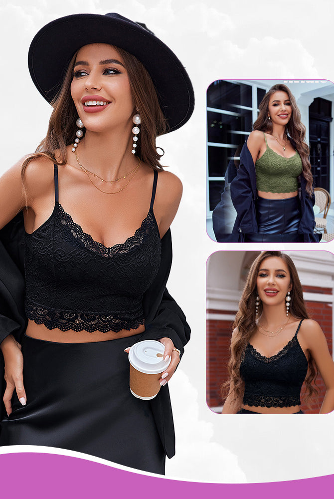 Avidlove black lace bralette, floral V-neck, sexy lingerie. Model in black skirt.