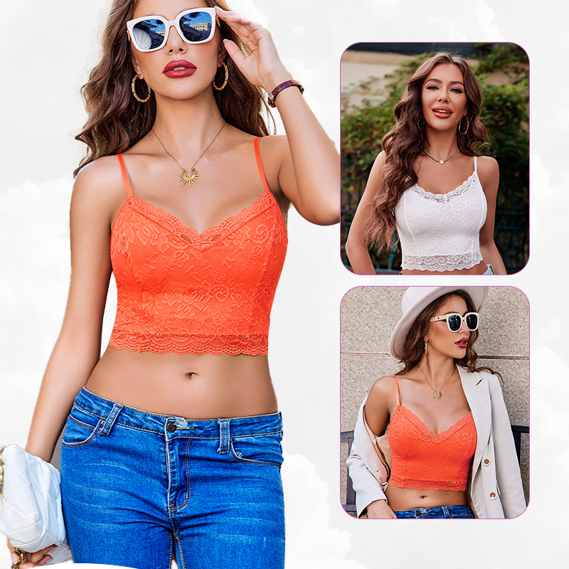 Avidlove 2 Pack Lace Tank Top: Orange & white floral lace bralettes, V-neck. Sexy lingerie.