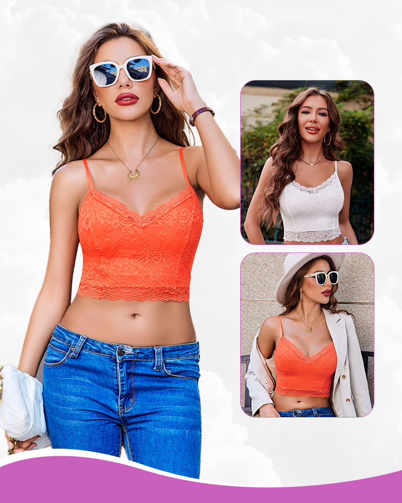 Avidlove 2 Pack Lace Tank Top: Orange & white floral lace bralettes, V-neck. Sexy lingerie.