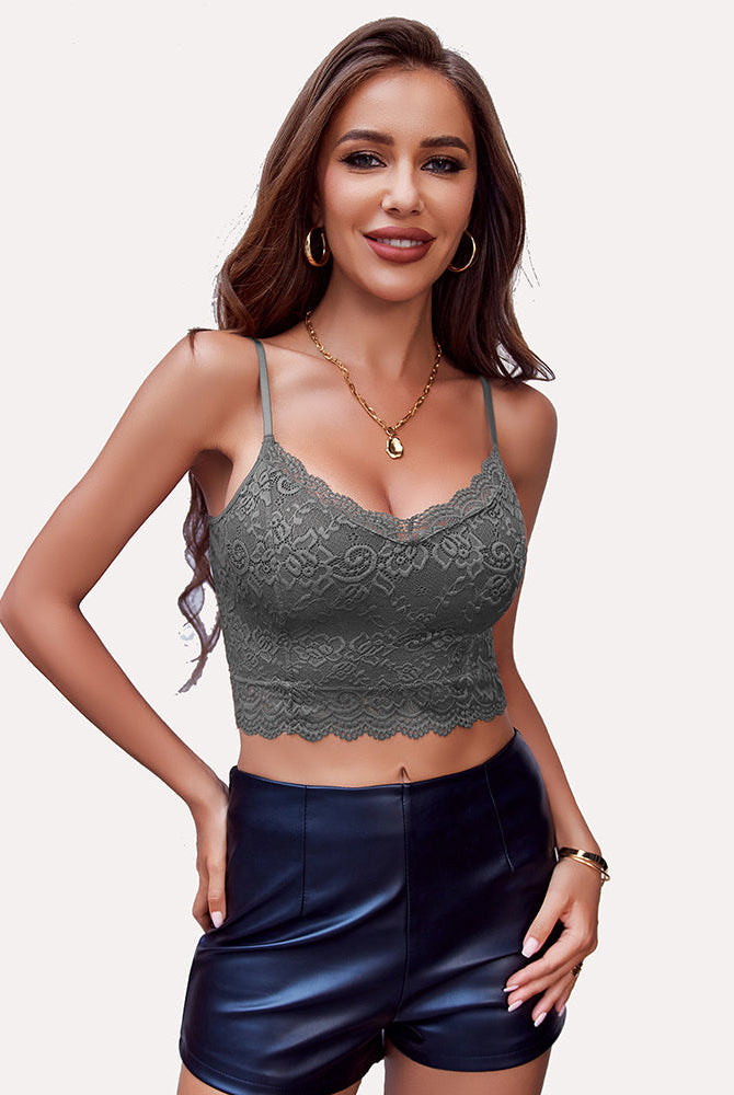 Gray lace V-neck bralette with black leather shorts. Elegant, sexy lingerie.