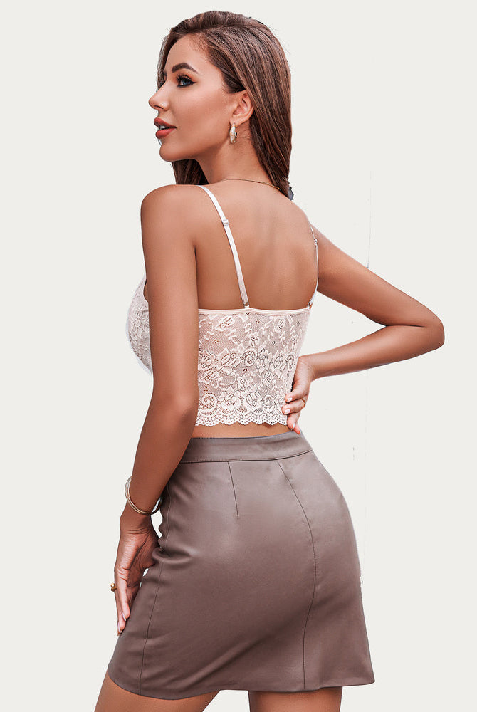 Ivory lace bralette top with brown skirt, elegant lingerie, V-neck design, sexy style