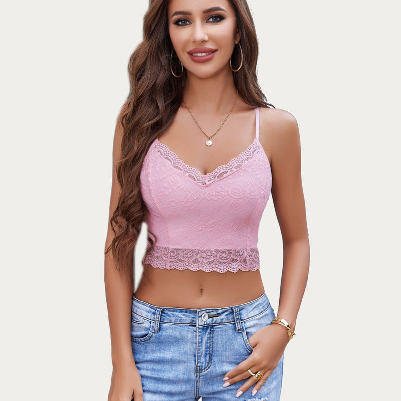 Pink lace V-neck bralette top with spaghetti straps, elegant and sexy lingerie.