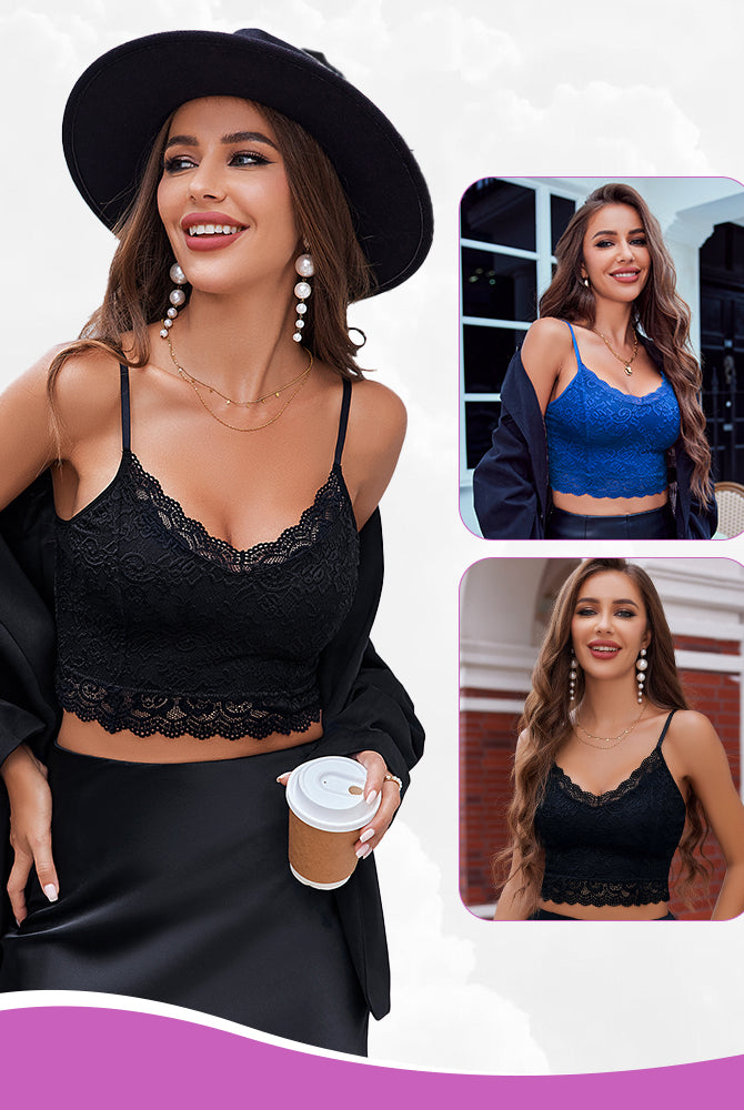 Avidlove black lace bralette. V-neck, floral lace. Model in black skirt. Blue and black options.