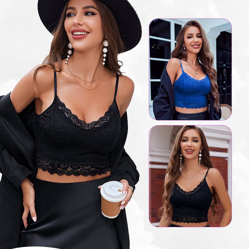 Avidlove black lace bralette. V-neck, floral lace. Model in black skirt. Blue and black options.
