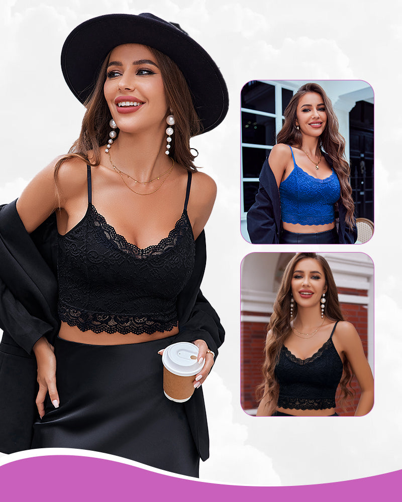 Avidlove black lace bralette. V-neck, floral lace. Model in black skirt. Blue and black options.