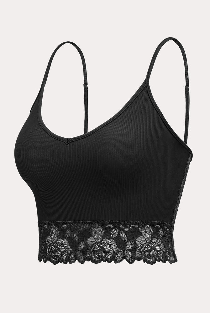 Black lace trim V-neck crop top. Spaghetti strap ribbed camisole, a sexy lingerie choice.
