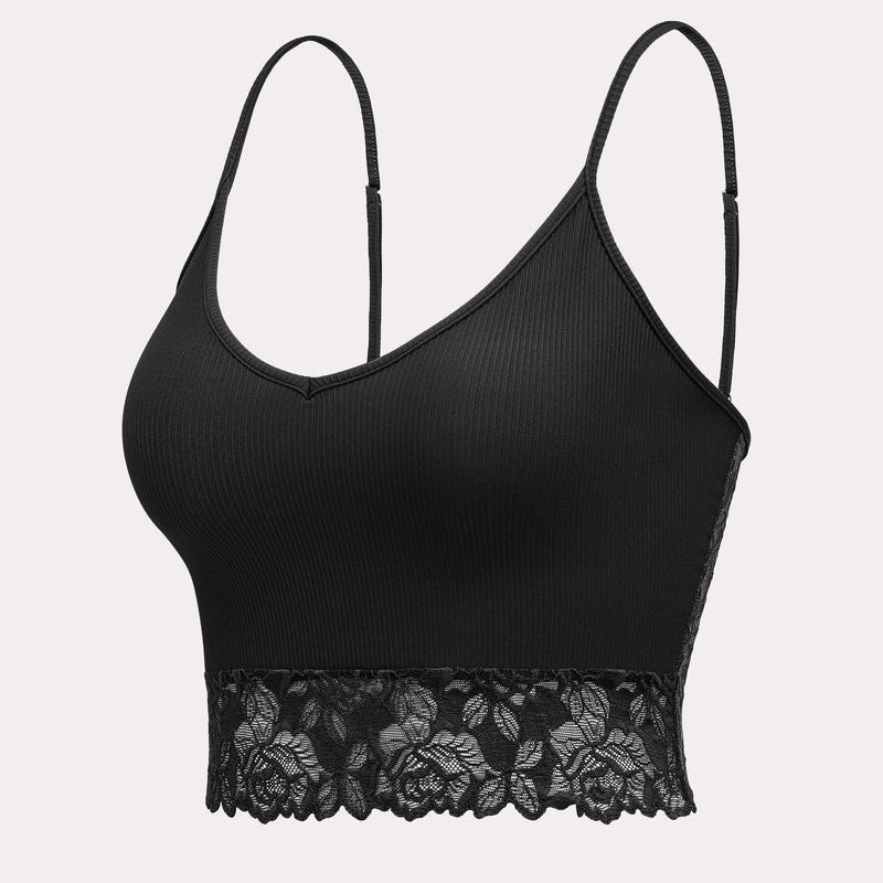 Black lace trim V-neck crop top. Spaghetti strap ribbed camisole, a sexy lingerie choice.